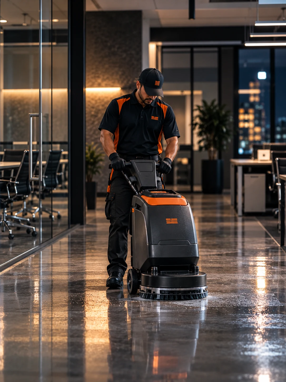 Professional commercial cleaner operating floor-cleaning equipment in a modern office.