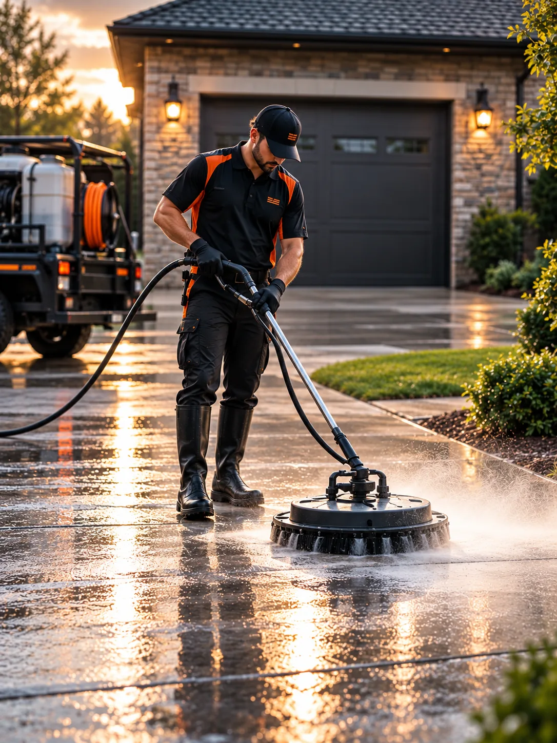 Professional pressure washing technician using a surface cleaner on a residential driveway.