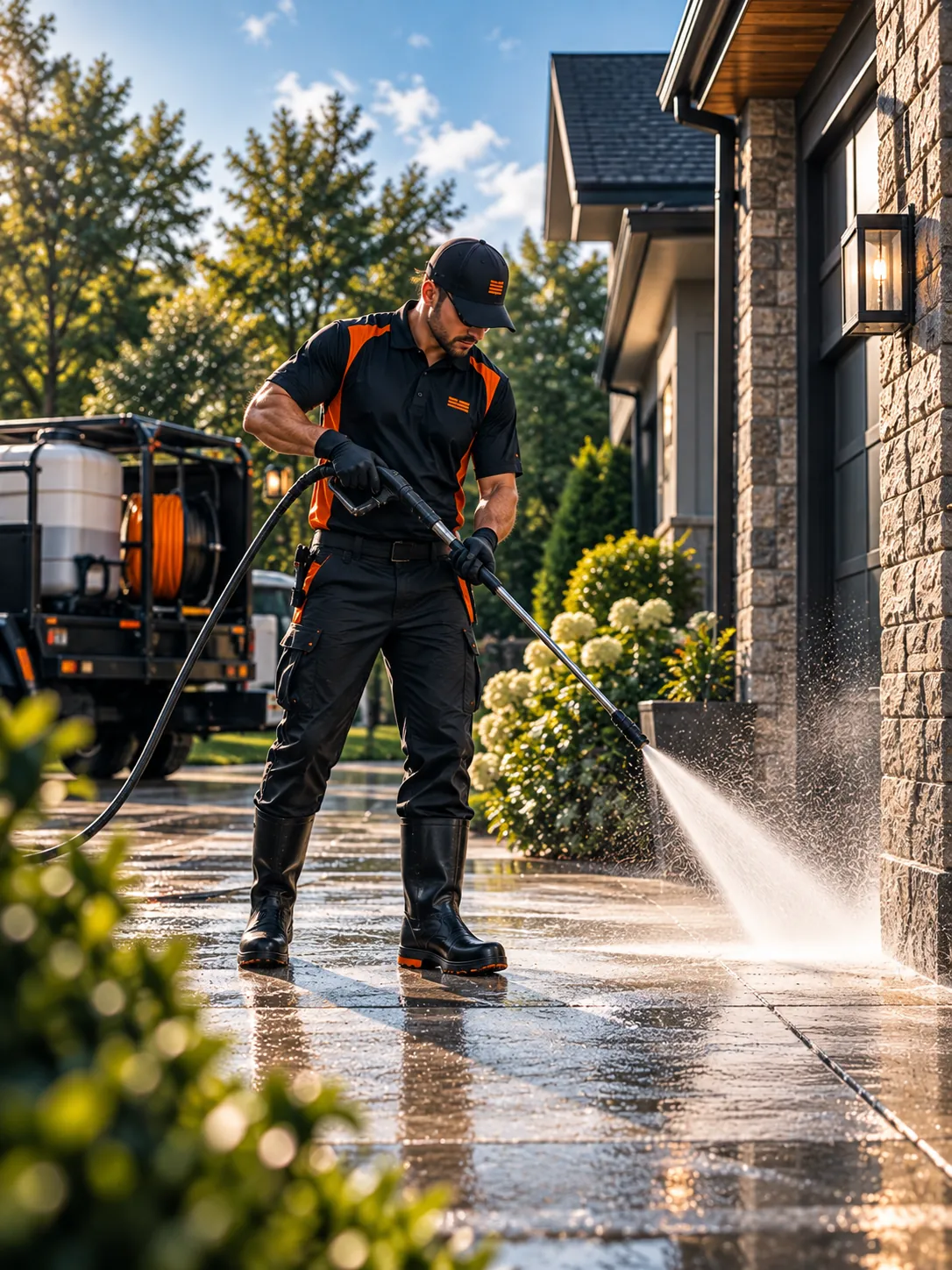 Professional exterior cleaning technician cleaning a residential property.