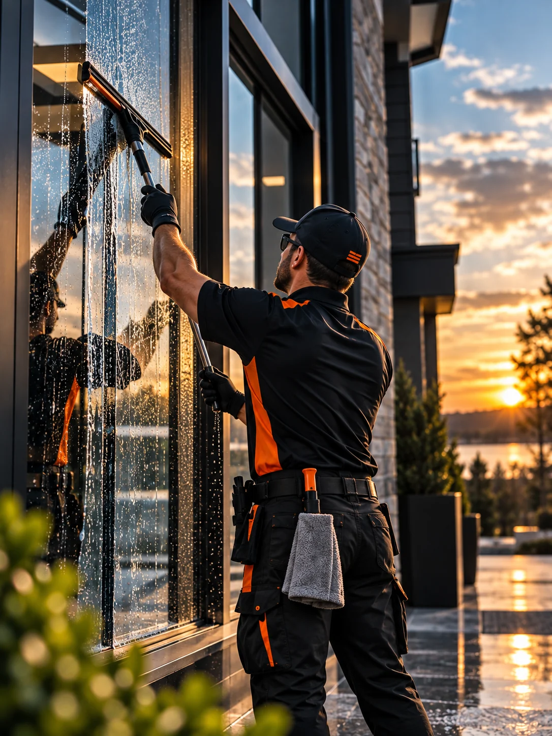 Professional window cleaning technician using a squeegee on exterior glass.