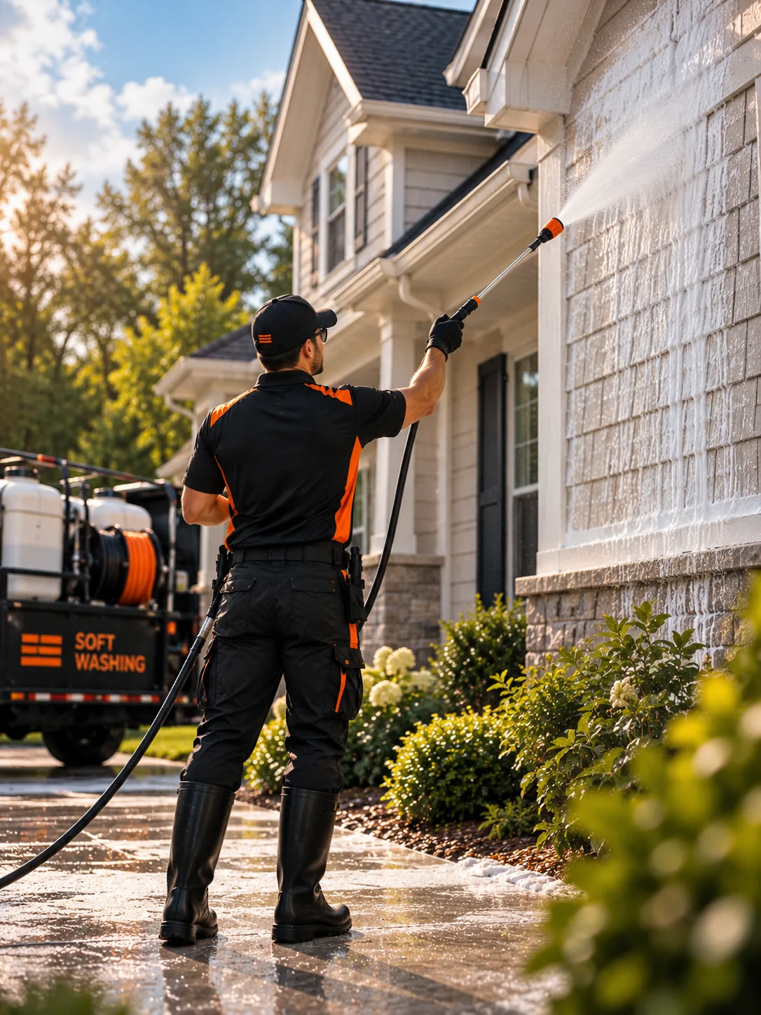Professional soft washing technician applying exterior cleaning solution to a residential home.
