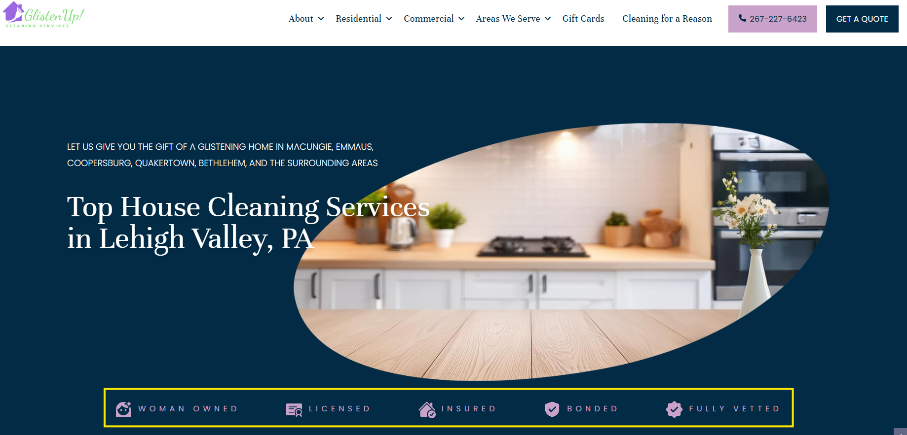 Glisten Up Cleaning Services displays specific trust signals near the top of its homepage.