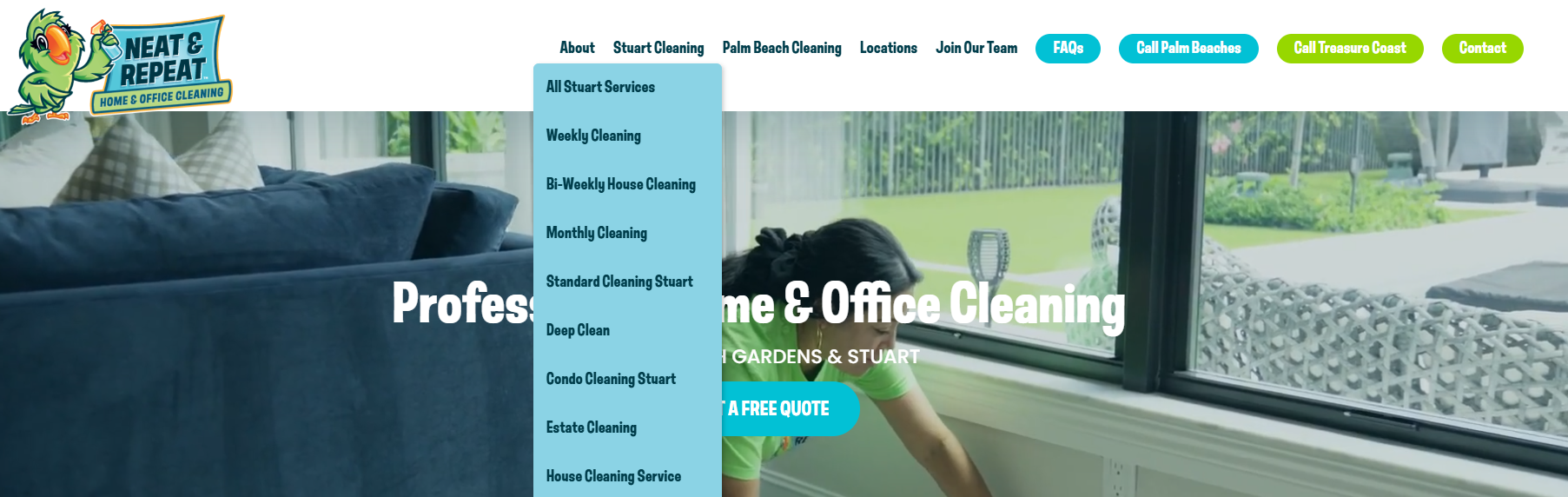 Neat & Repeat Cleaning organizes services and locations in its navigation.